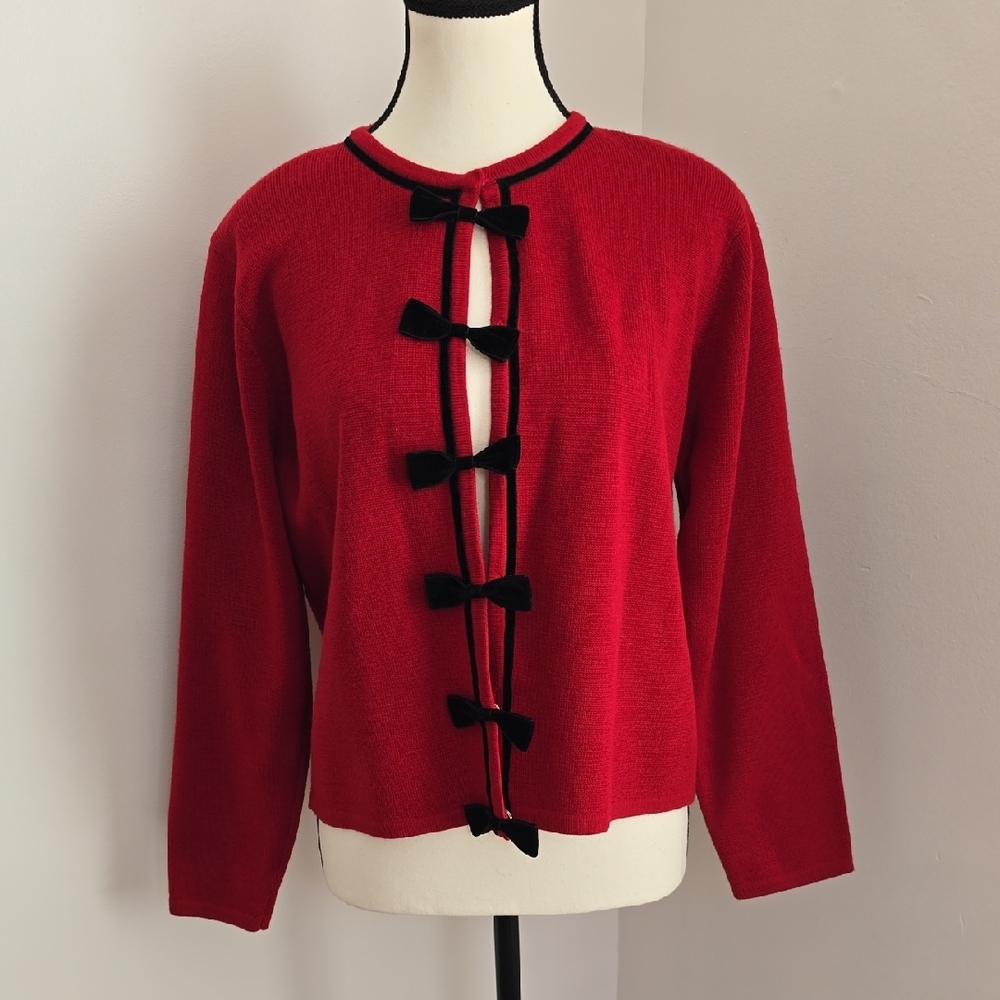 Vintage Talbots Classic Red 100% Wool Cardigan With Black Velvet Bows And Trim